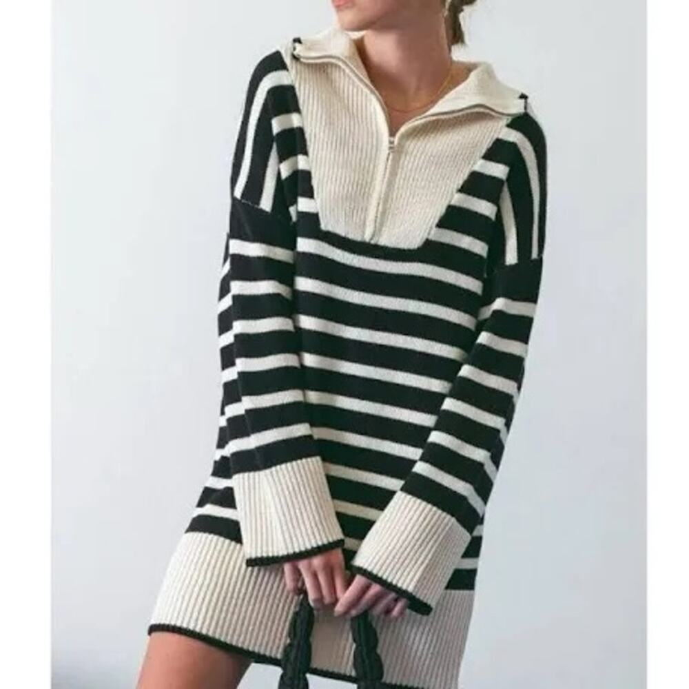 Blu Pepper black and cream striped collared sweater dress Size Large NWT